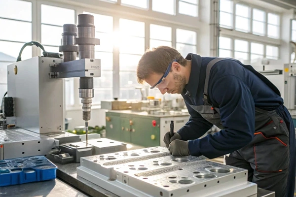 Himgo engineer checking custom metal identification parts before bulk production