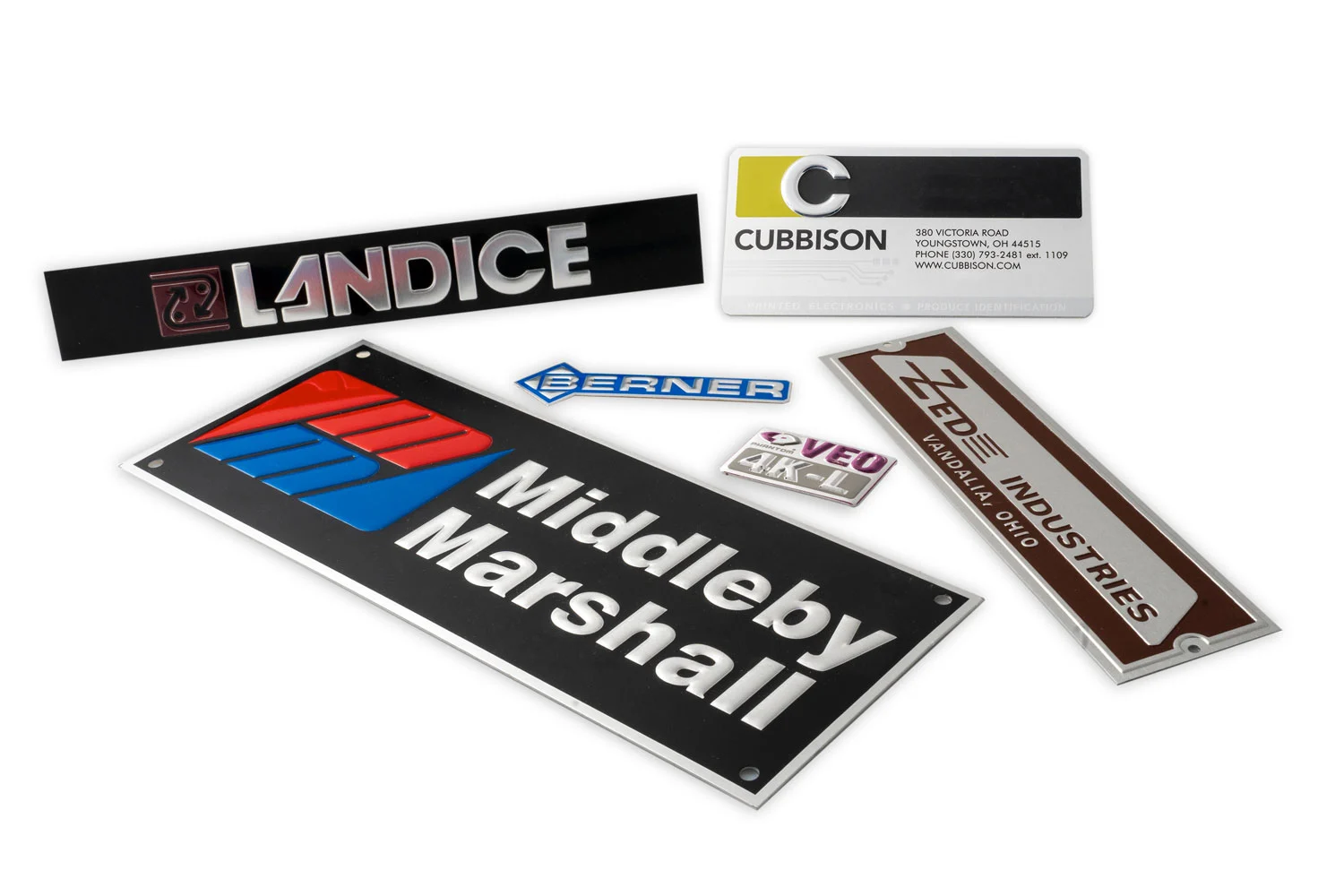 Engraved metal equipment labels for machine panels and control consoles