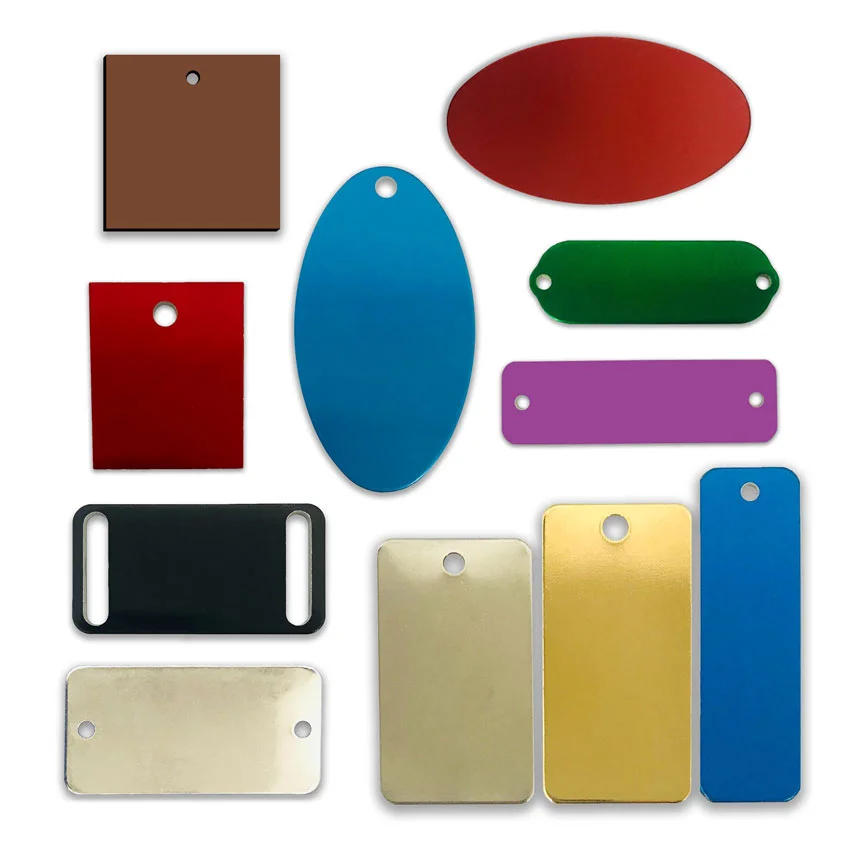 Blank metal nameplates in different shapes, colours and mounting options.
