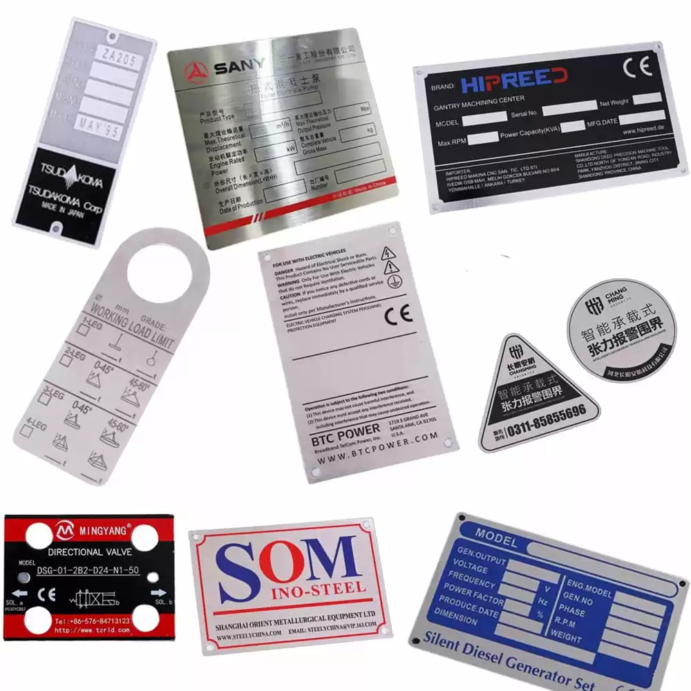 Industrial equipment rating plates with open fields for serial number and model stamping