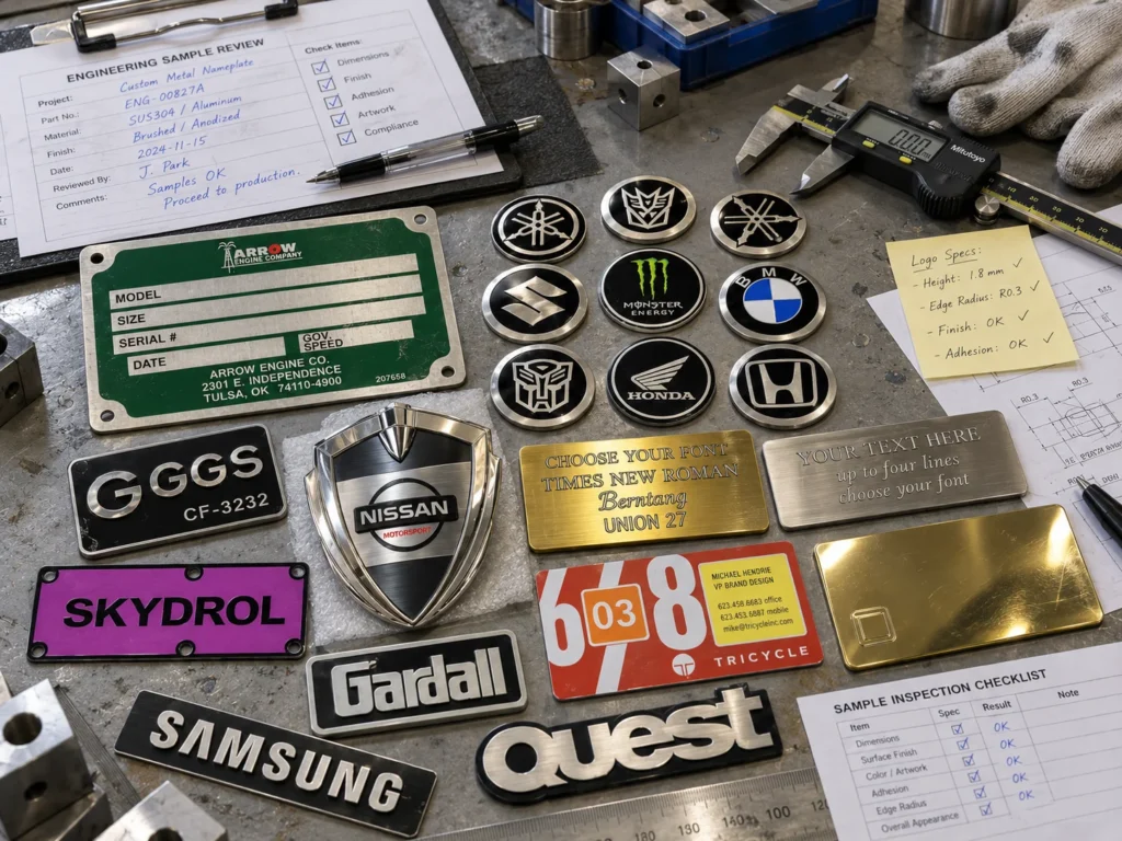 Custom metal nameplates and emblems arranged for engineering sample review