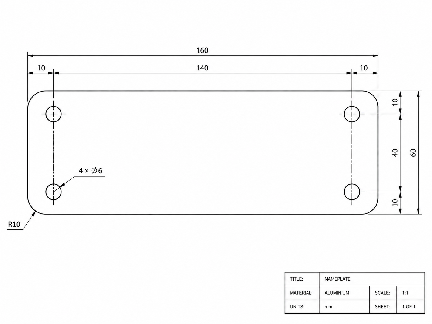 2D mechanical CAD drawing of equipment nameplate with dimensional tolerances